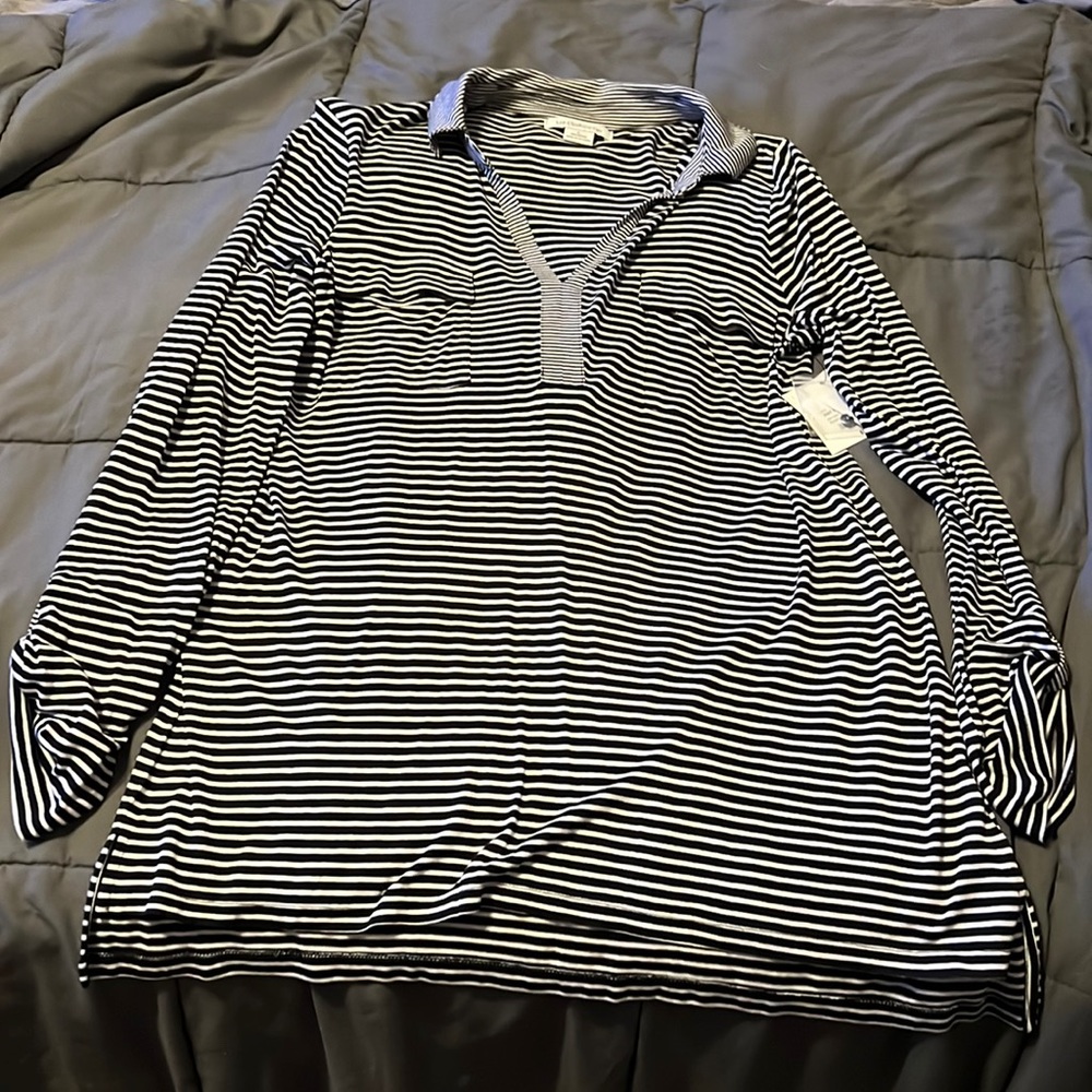Liz Claiborne black and white striped long sleeve convertible top L NWT